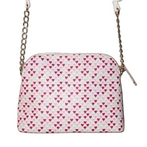 Nanette Lepore Hearts Sling Crossbody Bag  Red Pink Tan Lt Blue White Gold Chain